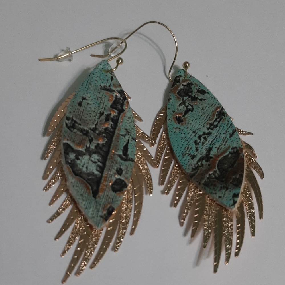 Leather Feather Drop Statement Earrings - image 2